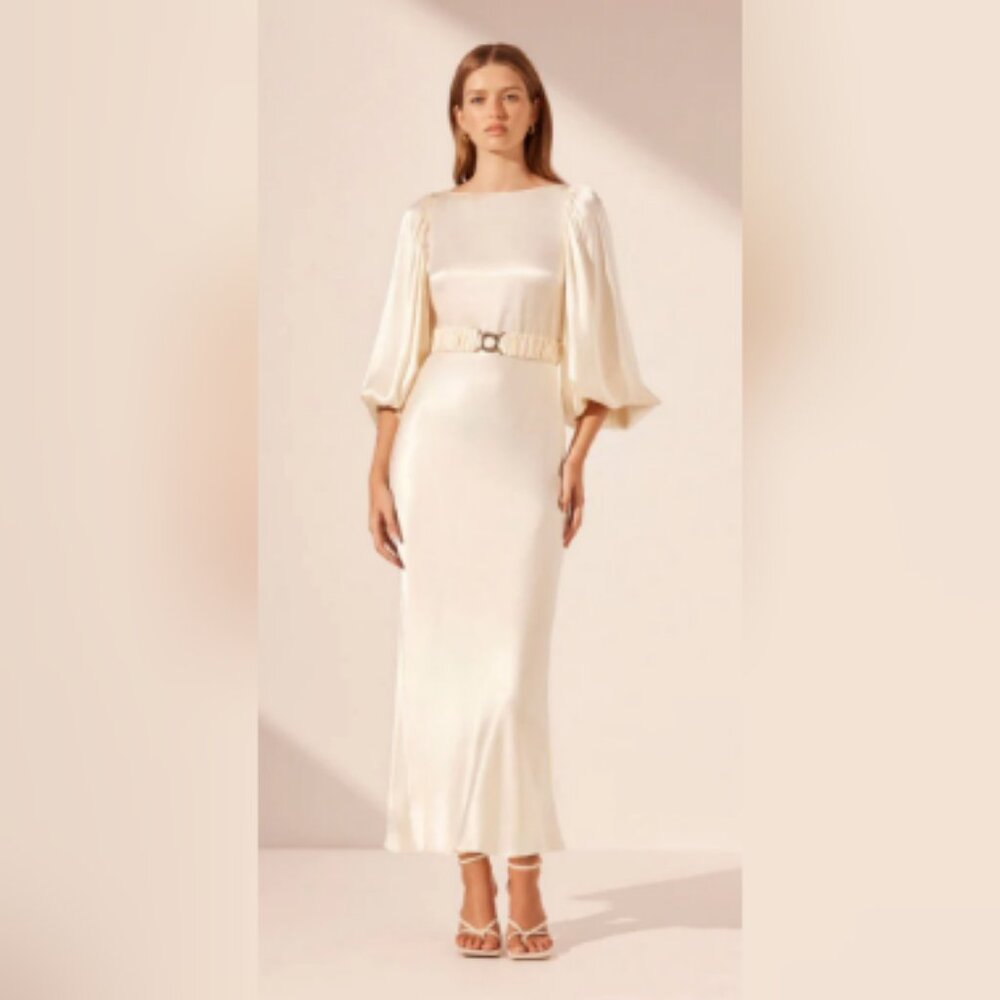 Shona Joy la lune balloon sleeve midi dress with belt - cream